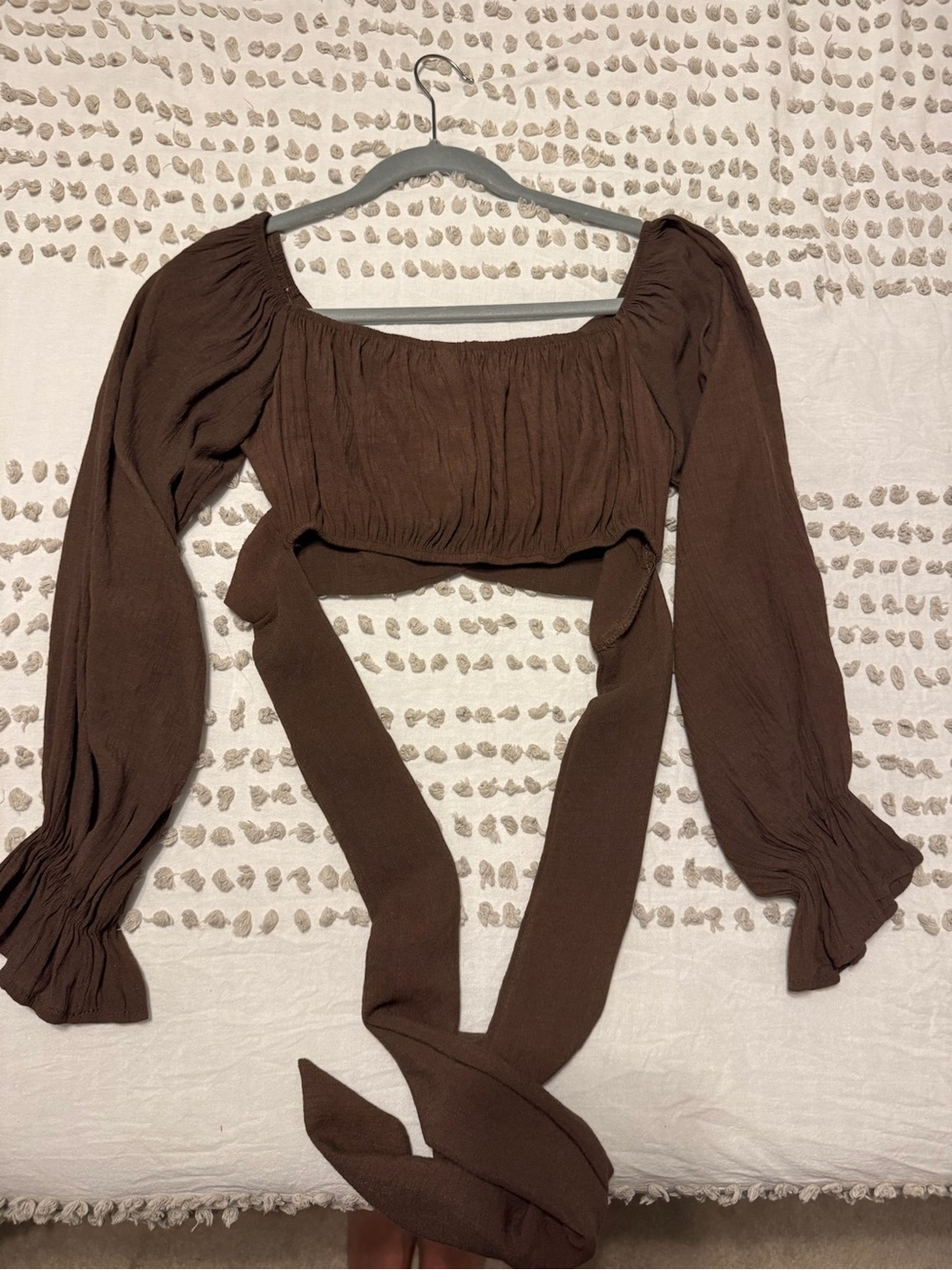 Women's Brown Long-Sleeve Cropped Wrap Top